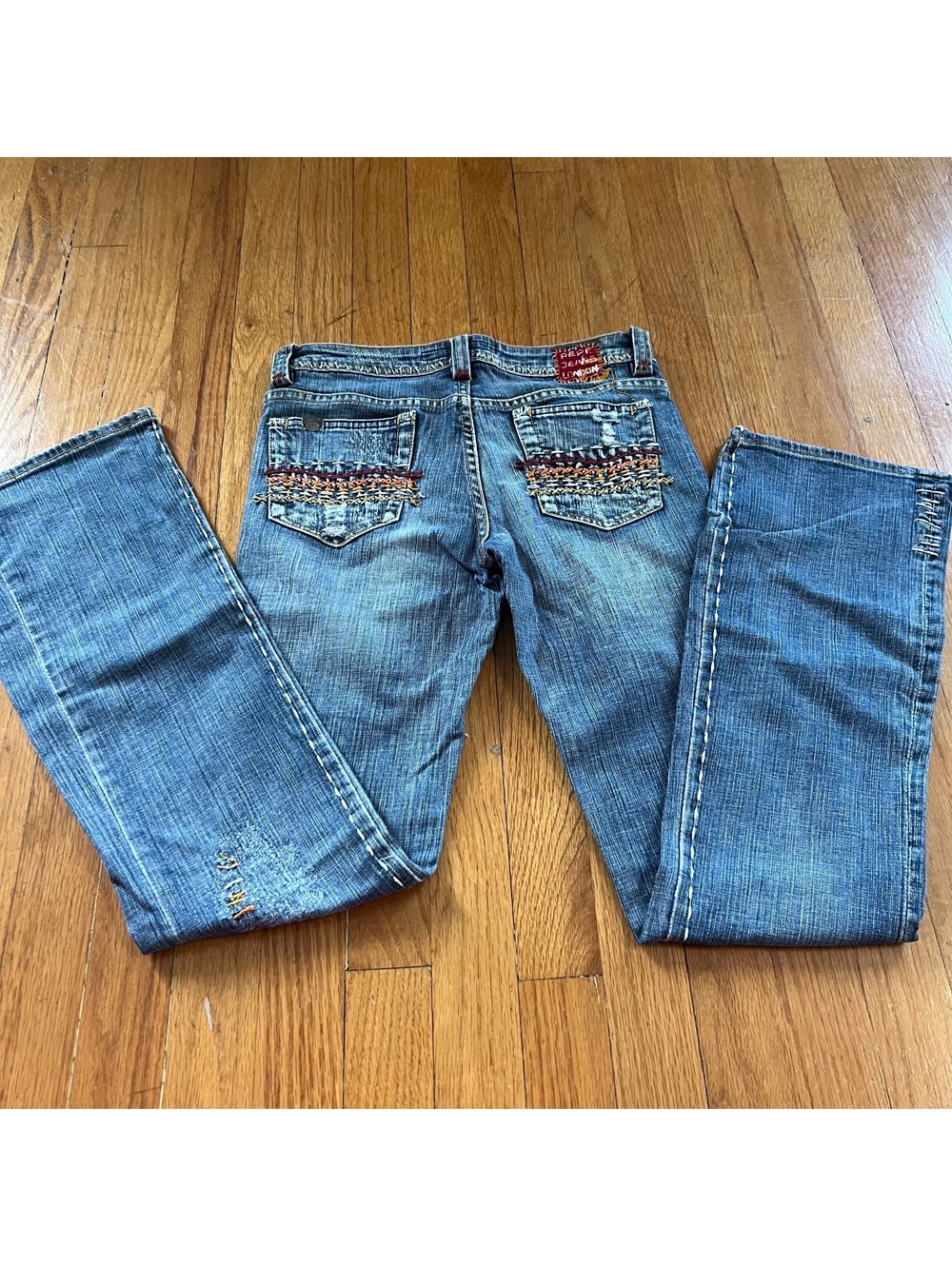 Vintage Y2K Pepe Low Rise Flare Jeans with boho grunge details